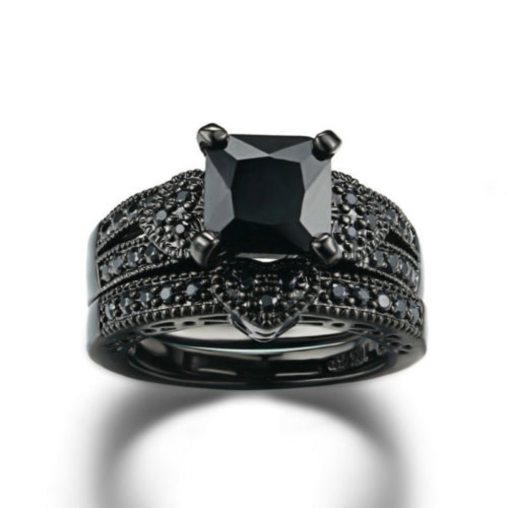 Valentines Black CZ Heart ❤️ Wedding Ring Set 7 - Picture 4 of 6